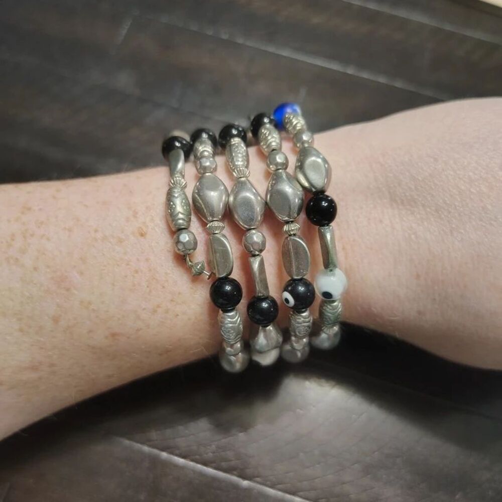 God's Eye Beaded Wrap Bracelet Blue Black Silver